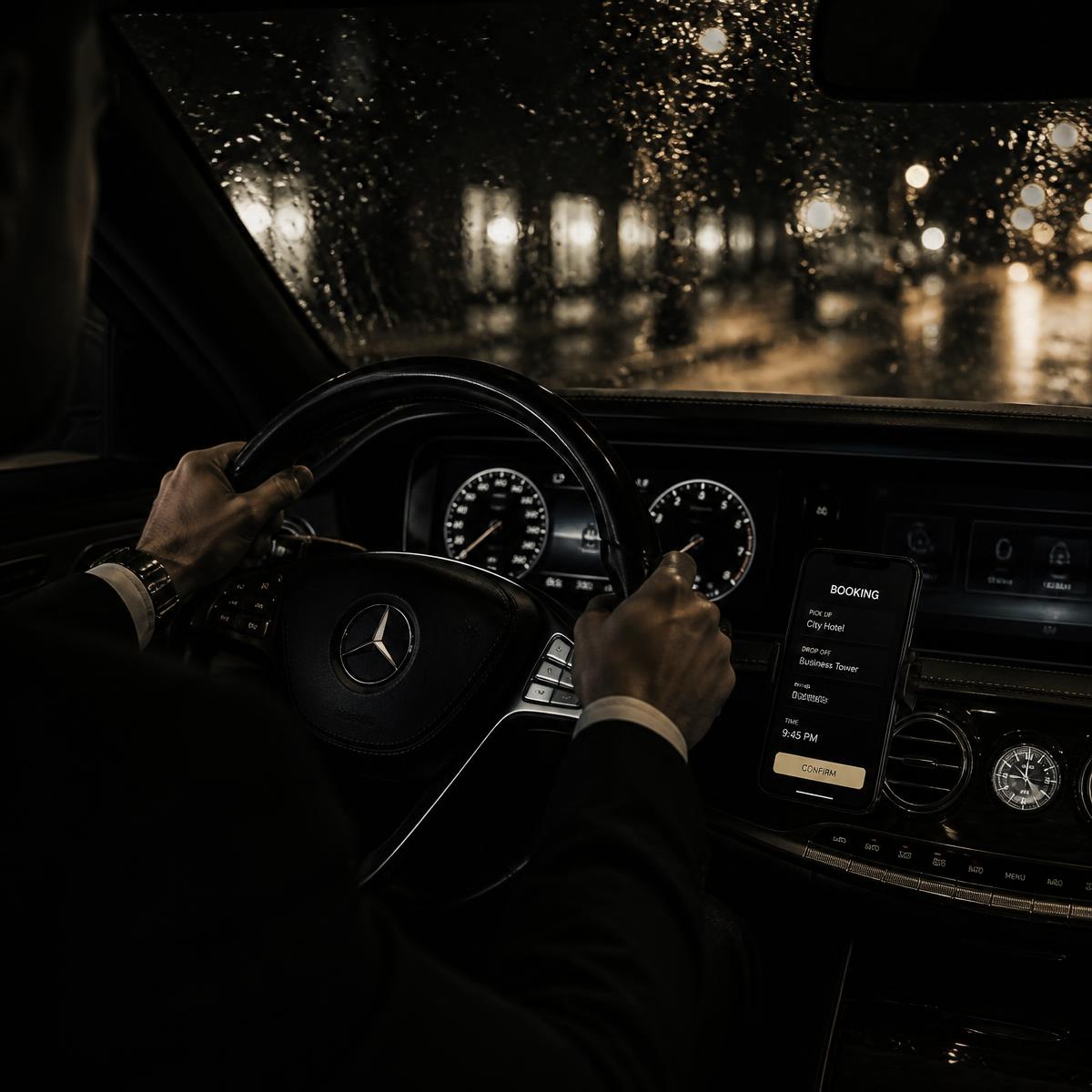 Chauffeur au volant d'une berline noire la nuit, écran de réservation allumé
